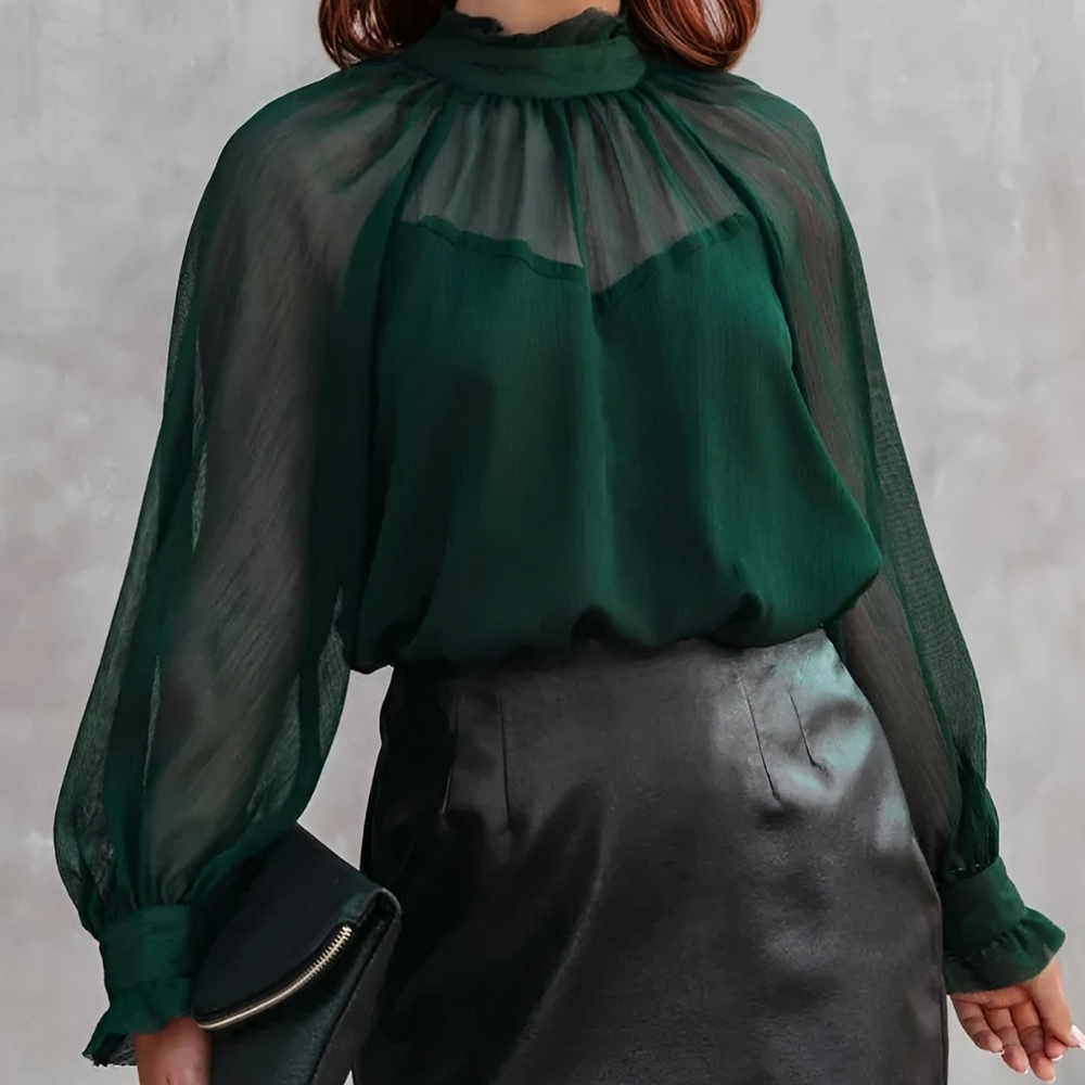 Dark Green Partially Sheer Sweetheart Neckline & Bishop Sleeved Blouse,